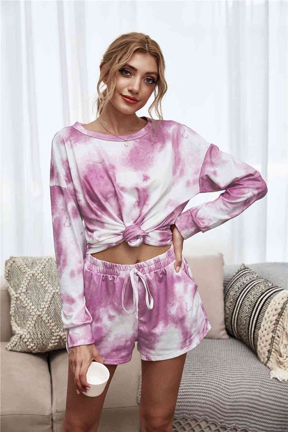 Tie-Dye Dropped Shoulder Top and Shorts Lounge Set  Shop One Place