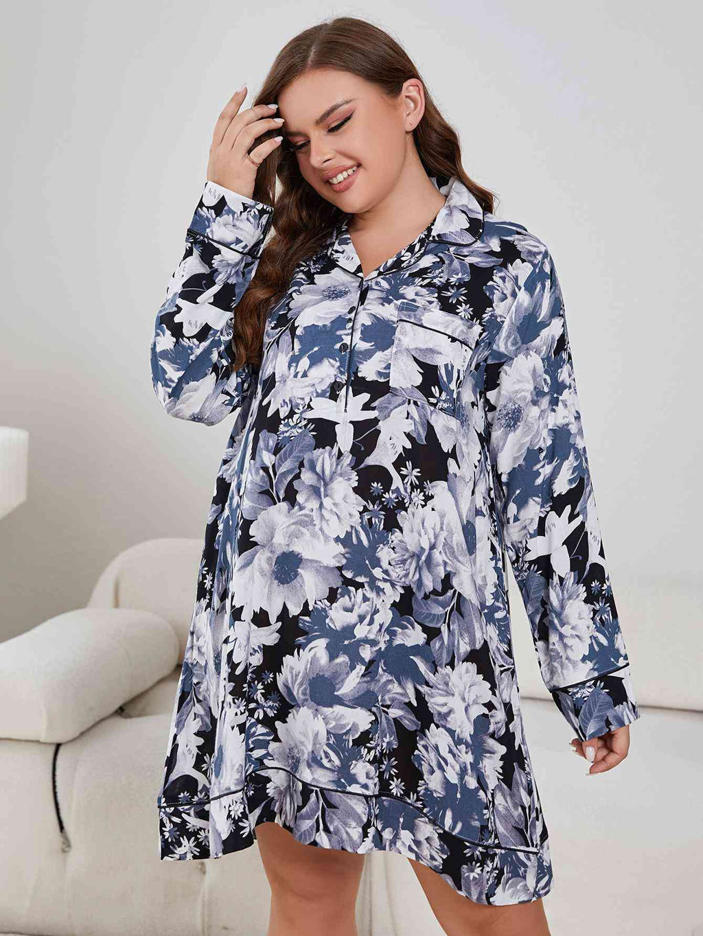 Plus Size Floral Lapel Collar Long Sleeve Night Dress  Shop One Place
