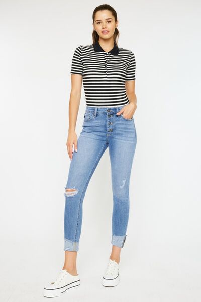 Jeans Kancan desgastados con efecto bigotes de gato y bragueta de botones