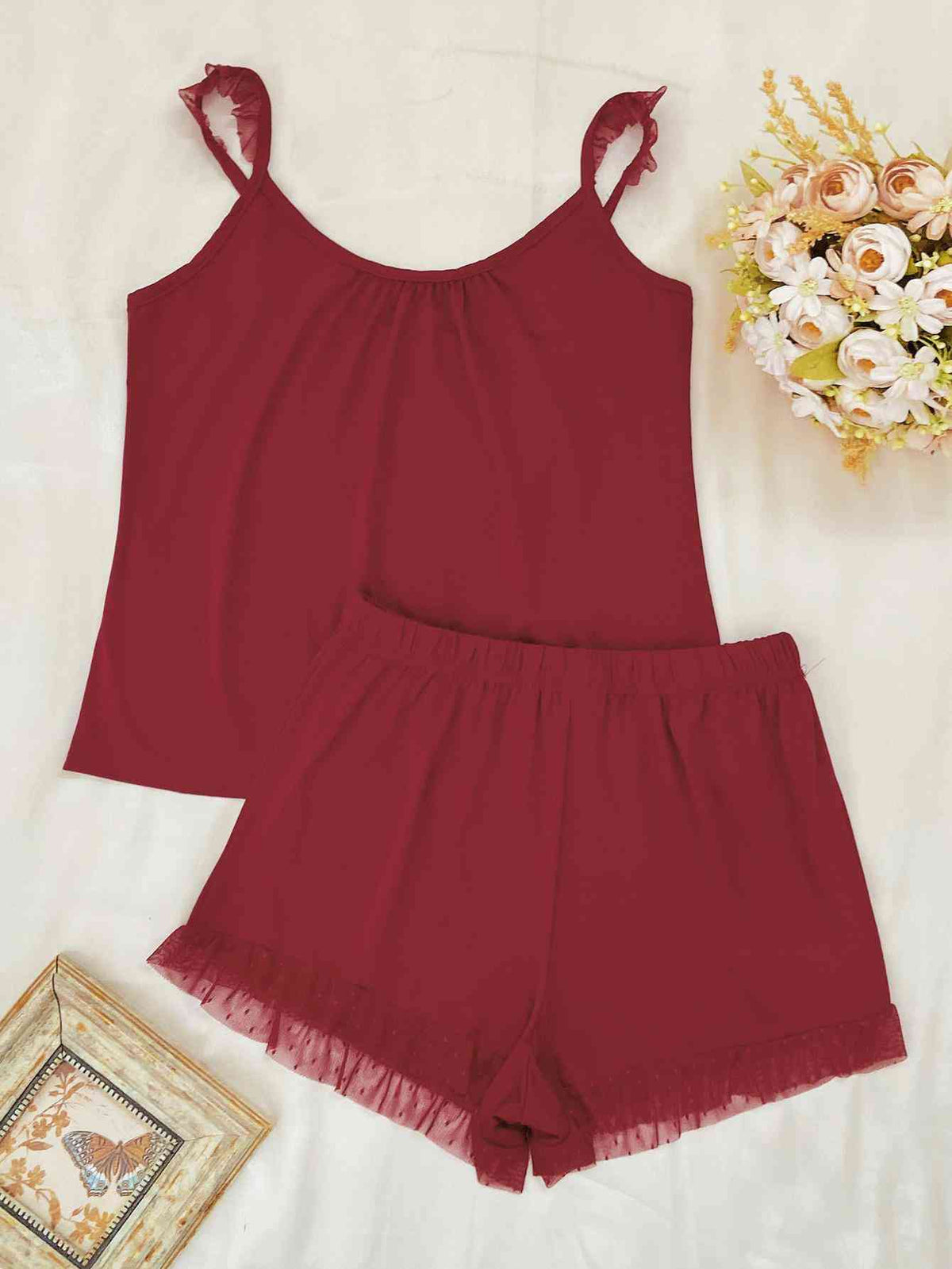 Gathered Detail Spliced Mesh Sleeveless Top and Shorts Lounge Set  Shop One Place