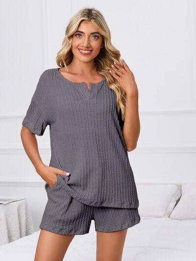 Notched Short Sleeve and Shorts Lounge Set  Shop One Place