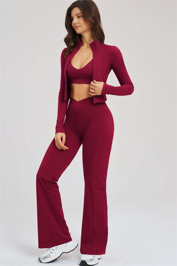 Ensemble 3 pièces Sizzle : veste zippée, brassière de sport et leggings évasés