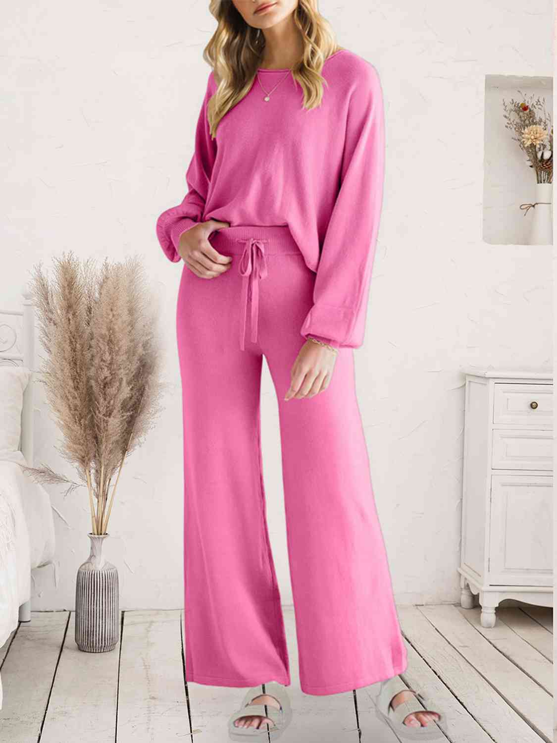 Long Sleeve Lounge Top and Drawstring Pants Set  Shop One Place