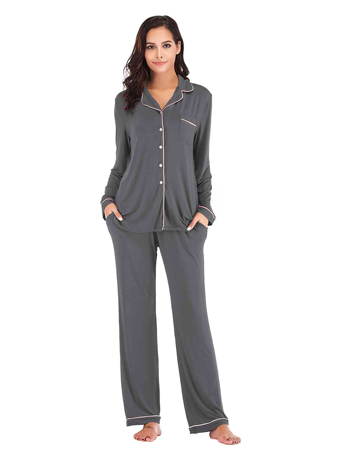 Collared Neck Long Sleeve Loungewear Set with Pockets  Shop One Place