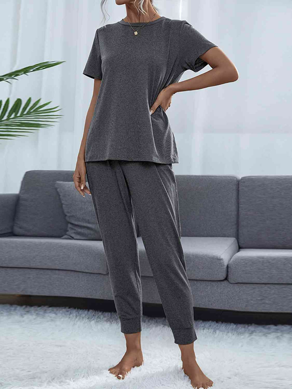 Round Neck Short Sleeve Top and Pants Set  Shop One Place
