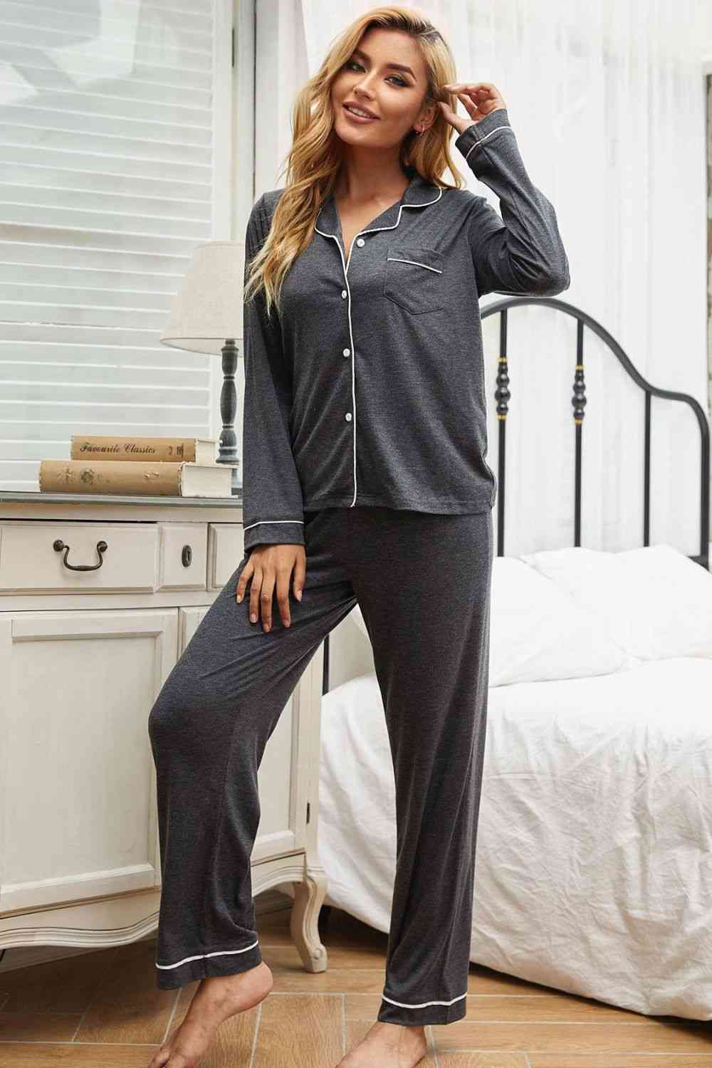 Contrast Piping Button Down Top and Pants Loungewear Set  Shop One Place