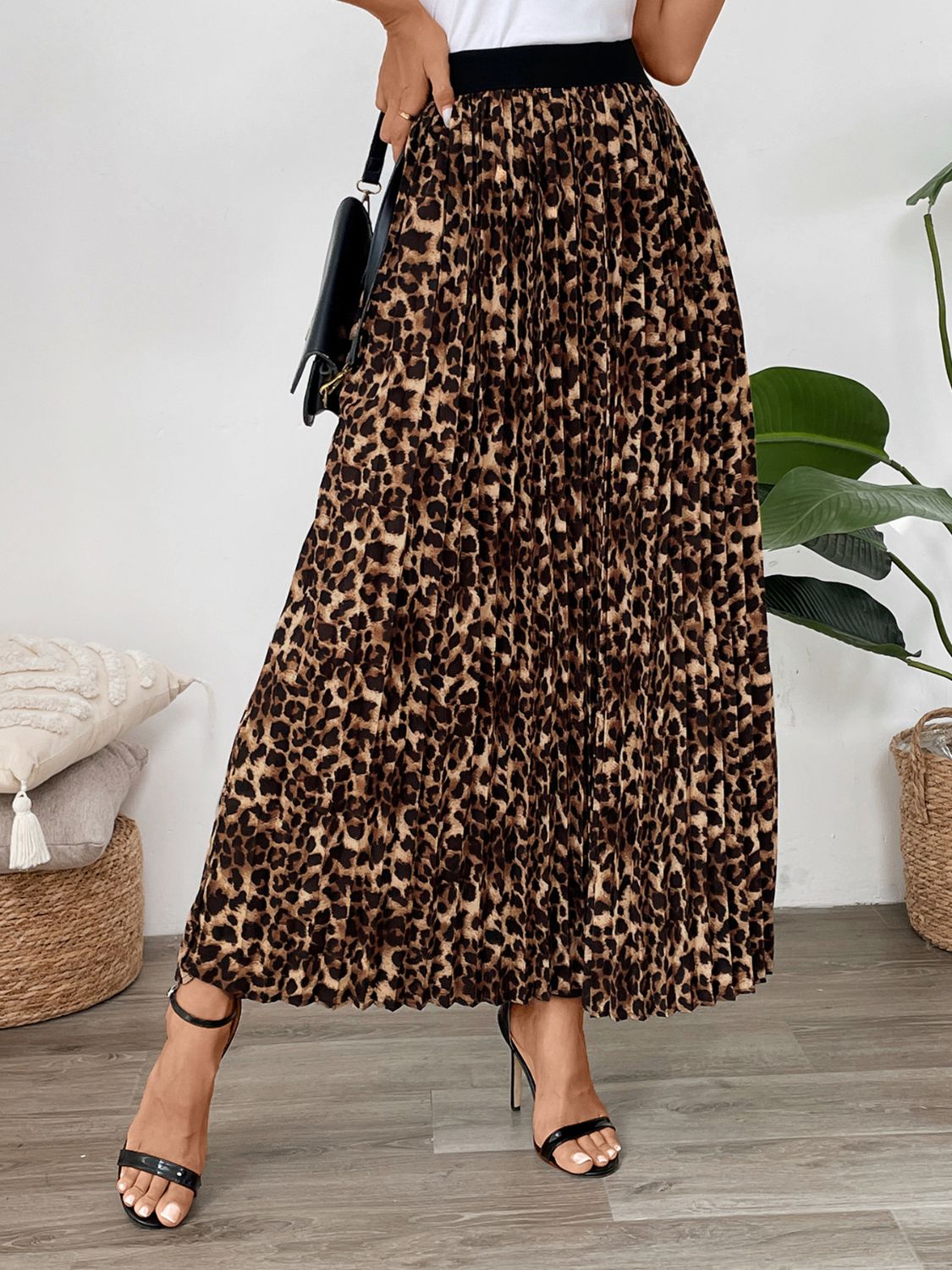 Falda larga plisada de leopardo Perfee