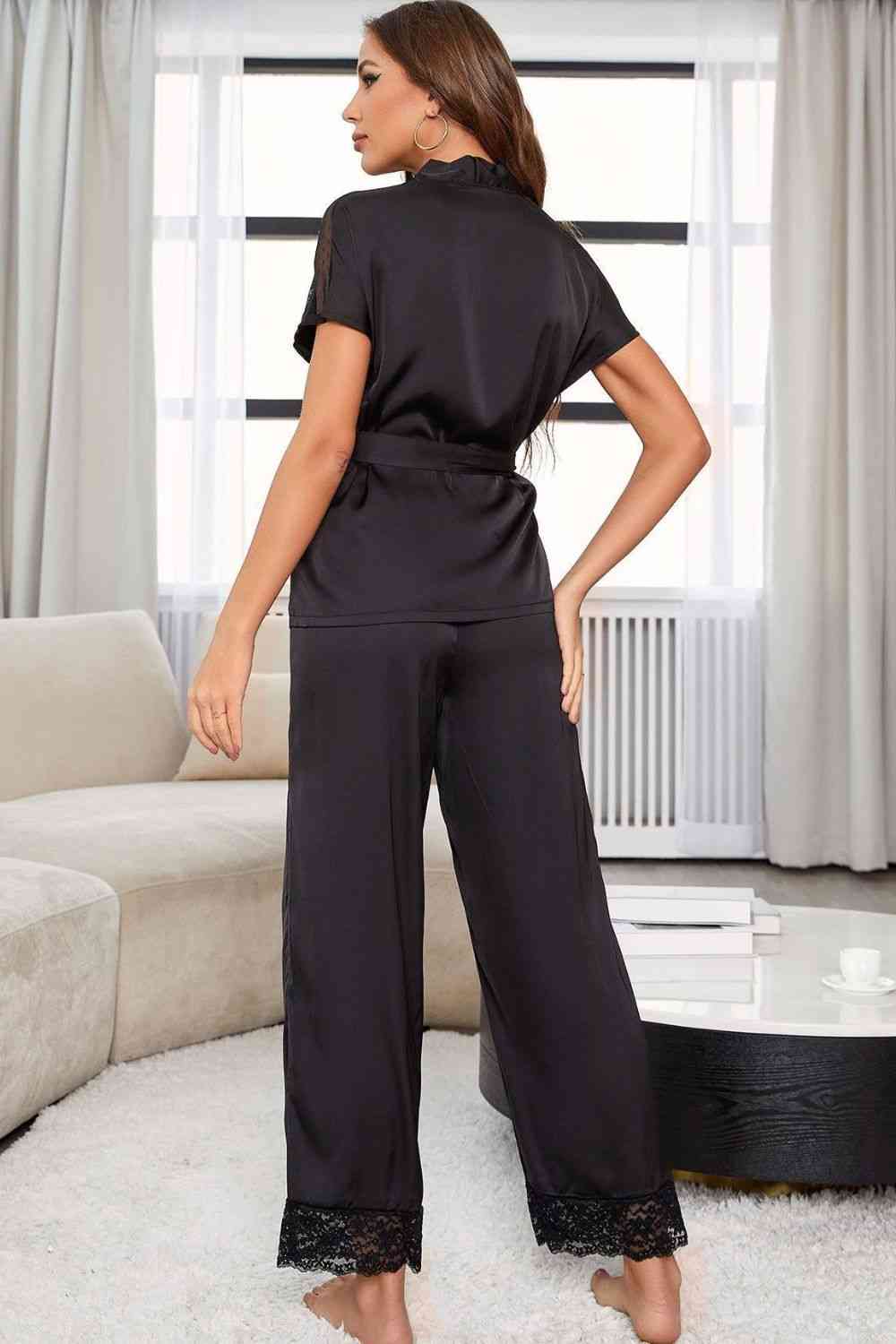 Surplice Neck Tie Waist Top and Pants Pajama Set  Shop One Place