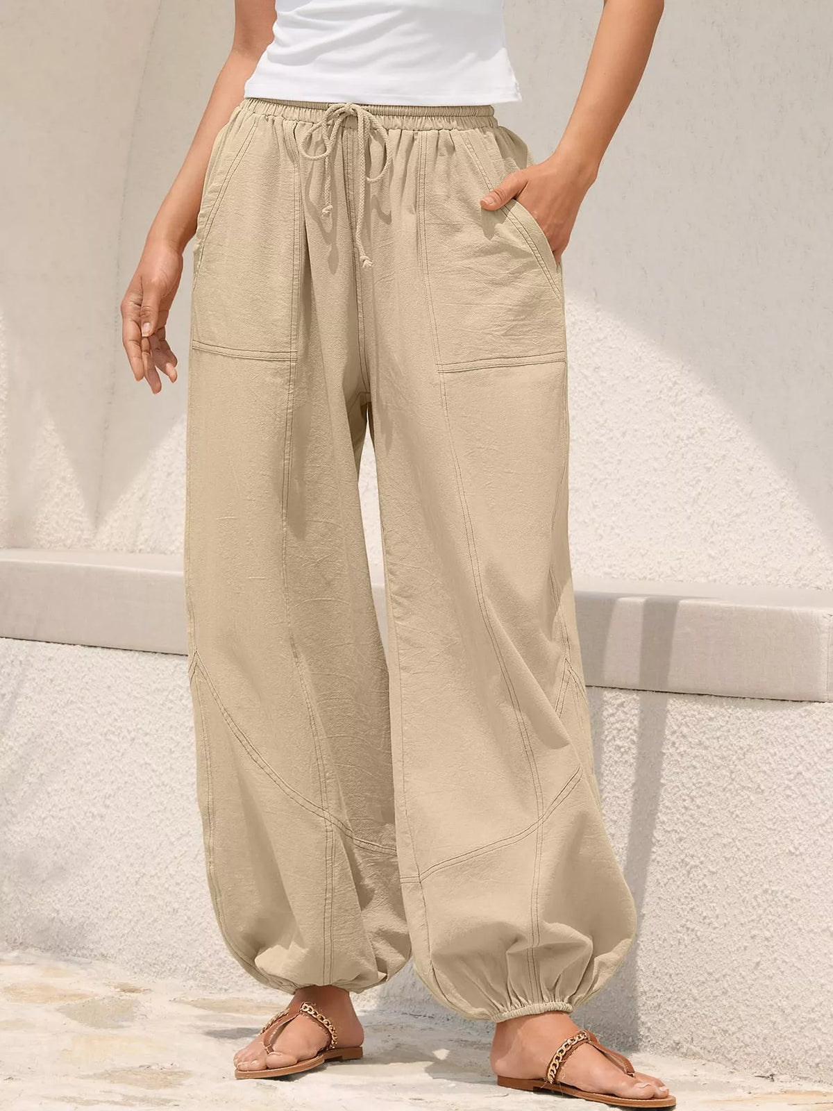 Pantalones jogger harén de ajuste holgado casuales con cordón para mujer