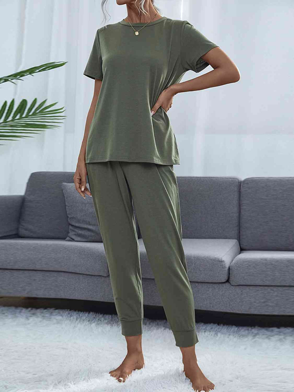 Round Neck Short Sleeve Top and Pants Set  Shop One Place