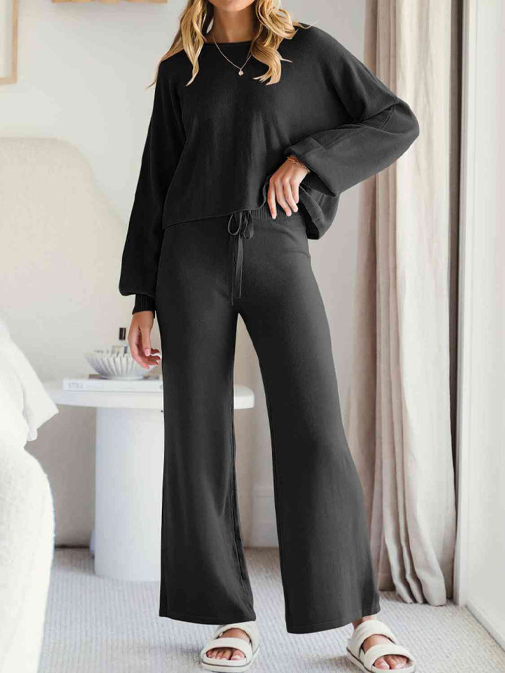 Long Sleeve Lounge Top and Drawstring Pants Set  Shop One Place