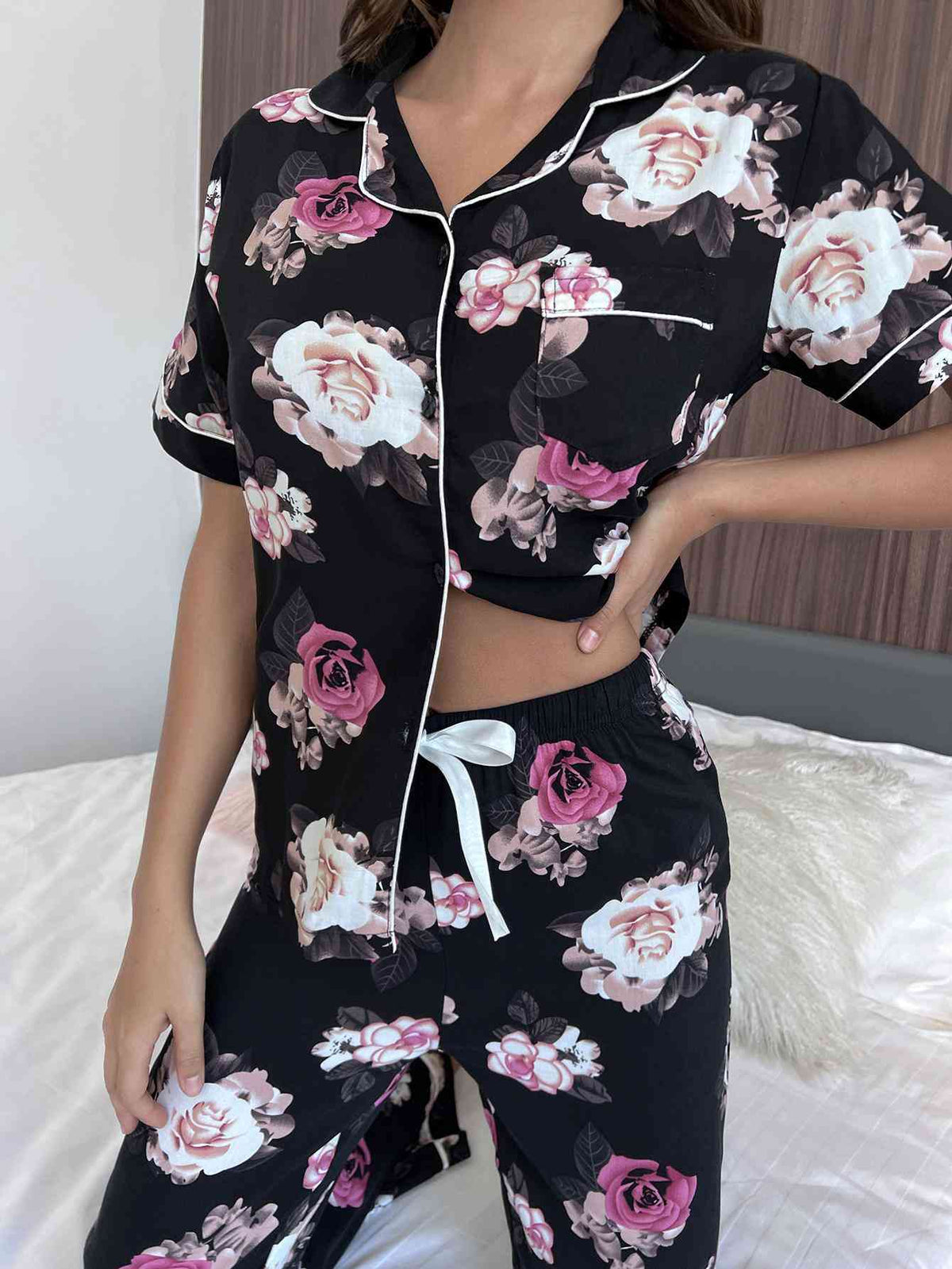 Floral Short Sleeve Shirt and Pants Lounge Set  Shop One Place