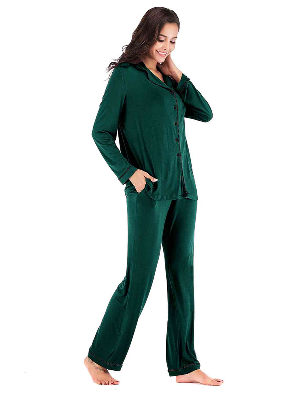 Collared Neck Long Sleeve Loungewear Set with Pockets  Shop One Place