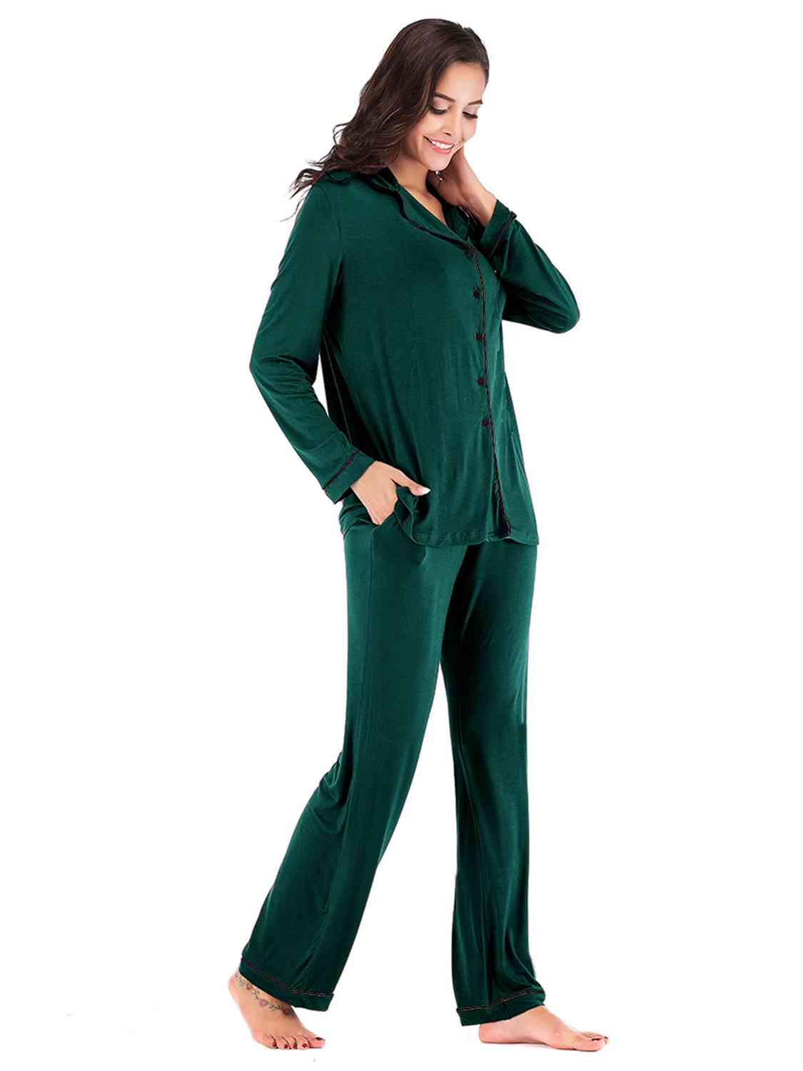 Collared Neck Long Sleeve Loungewear Set with Pockets  Shop One Place