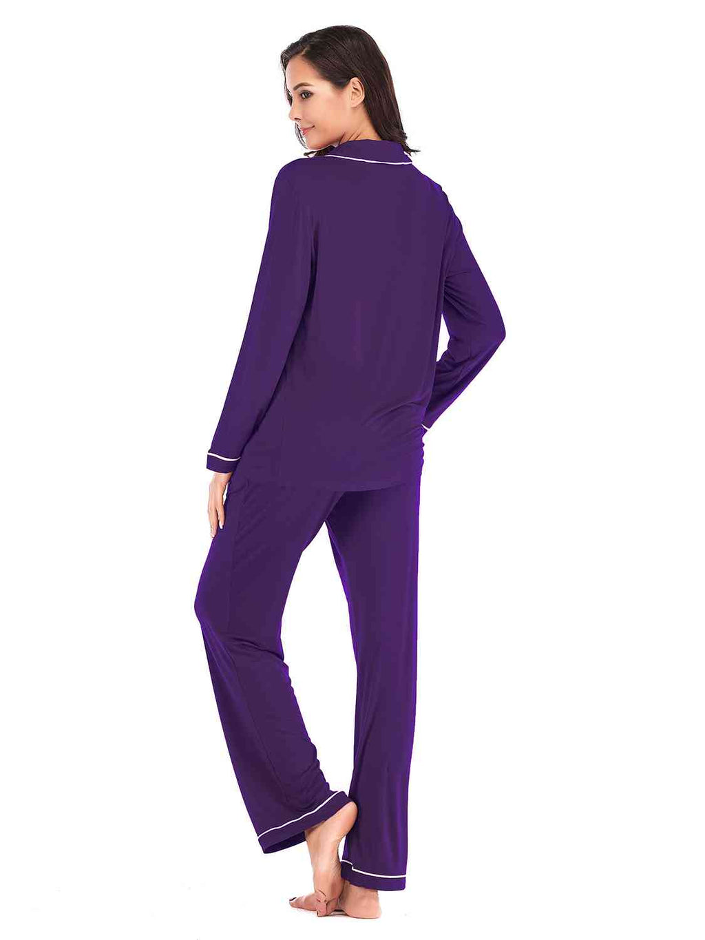 Collared Neck Long Sleeve Loungewear Set with Pockets  Shop One Place
