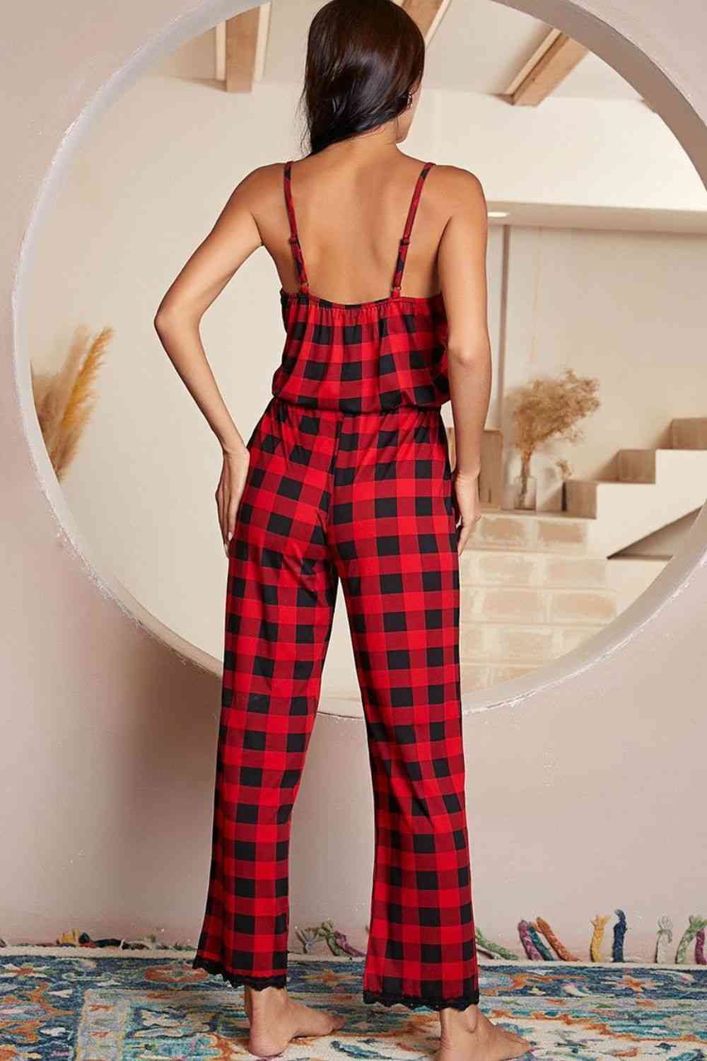 Plaid Lace Trim Spaghetti Strap Jumpsuit  Shop One Place