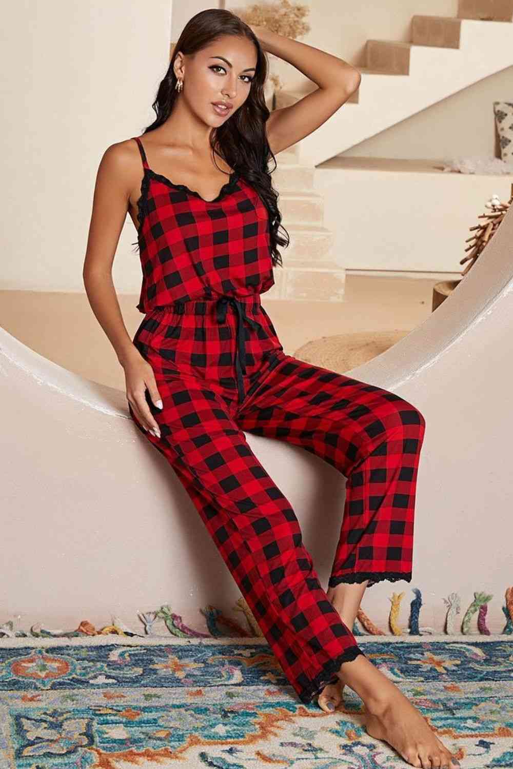 Plaid Lace Trim Spaghetti Strap Jumpsuit  Shop One Place