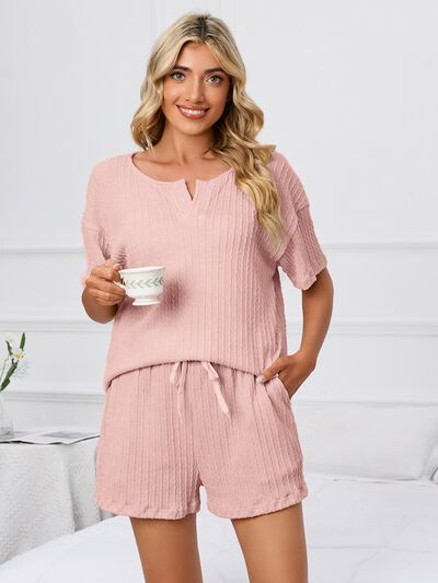 Notched Short Sleeve and Shorts Lounge Set  Shop One Place