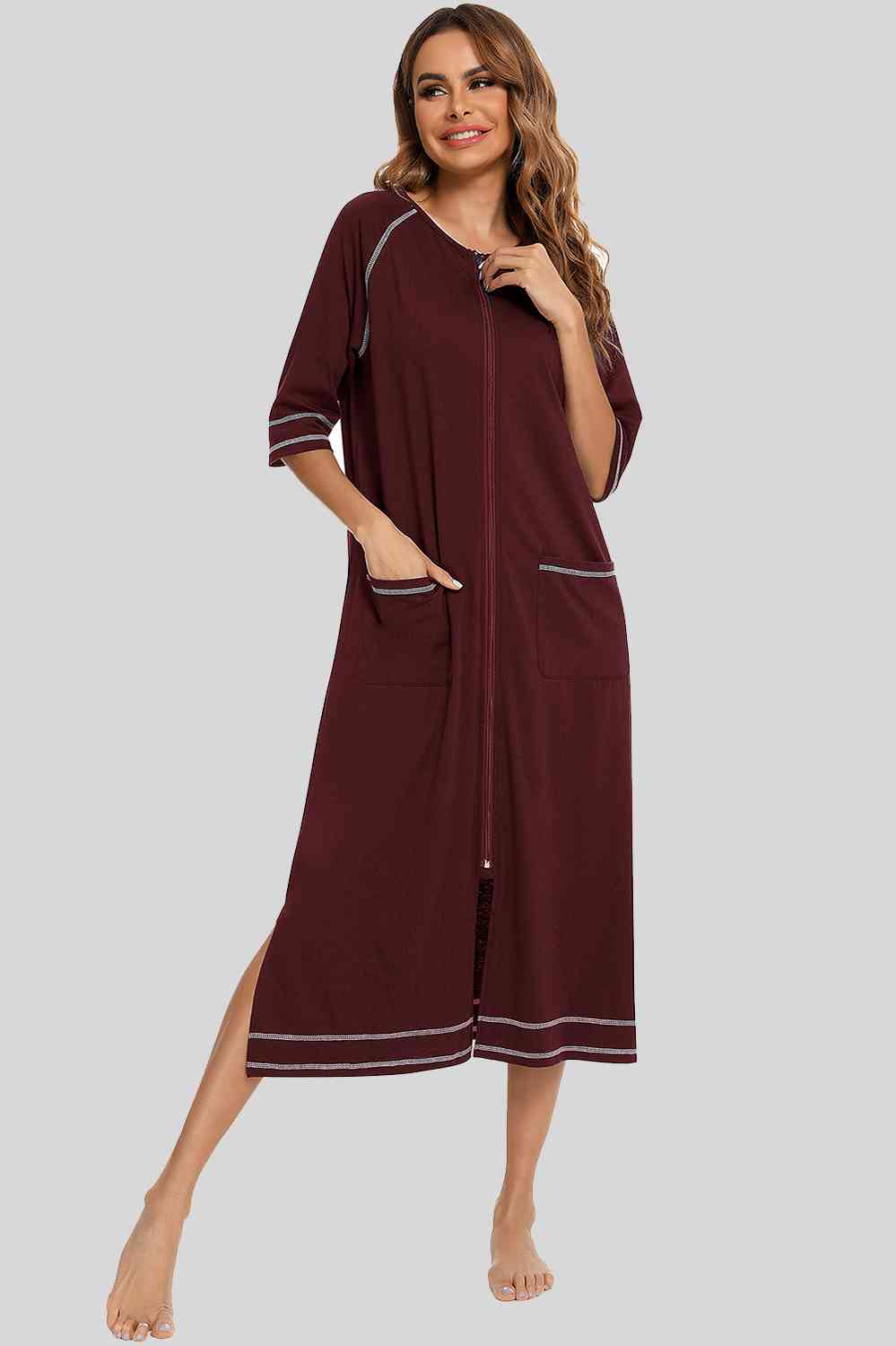 Zip Up Slit Round Neck Night Dress with Pockets  Shop One Place
