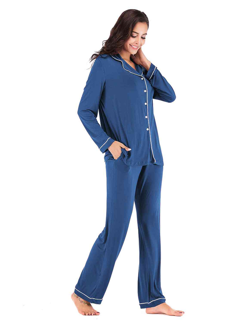 Collared Neck Long Sleeve Loungewear Set with Pockets  Shop One Place