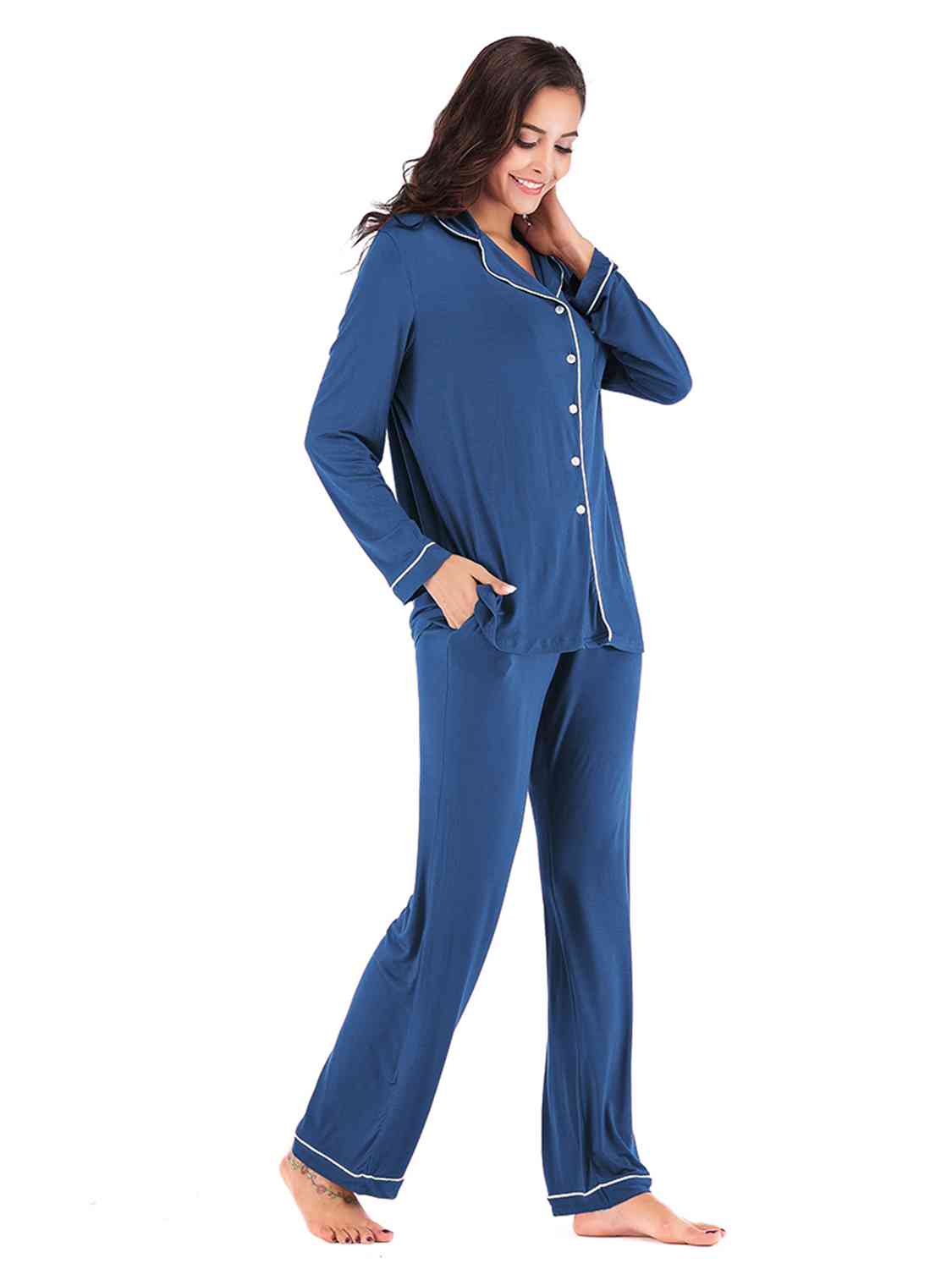 Collared Neck Long Sleeve Loungewear Set with Pockets  Shop One Place
