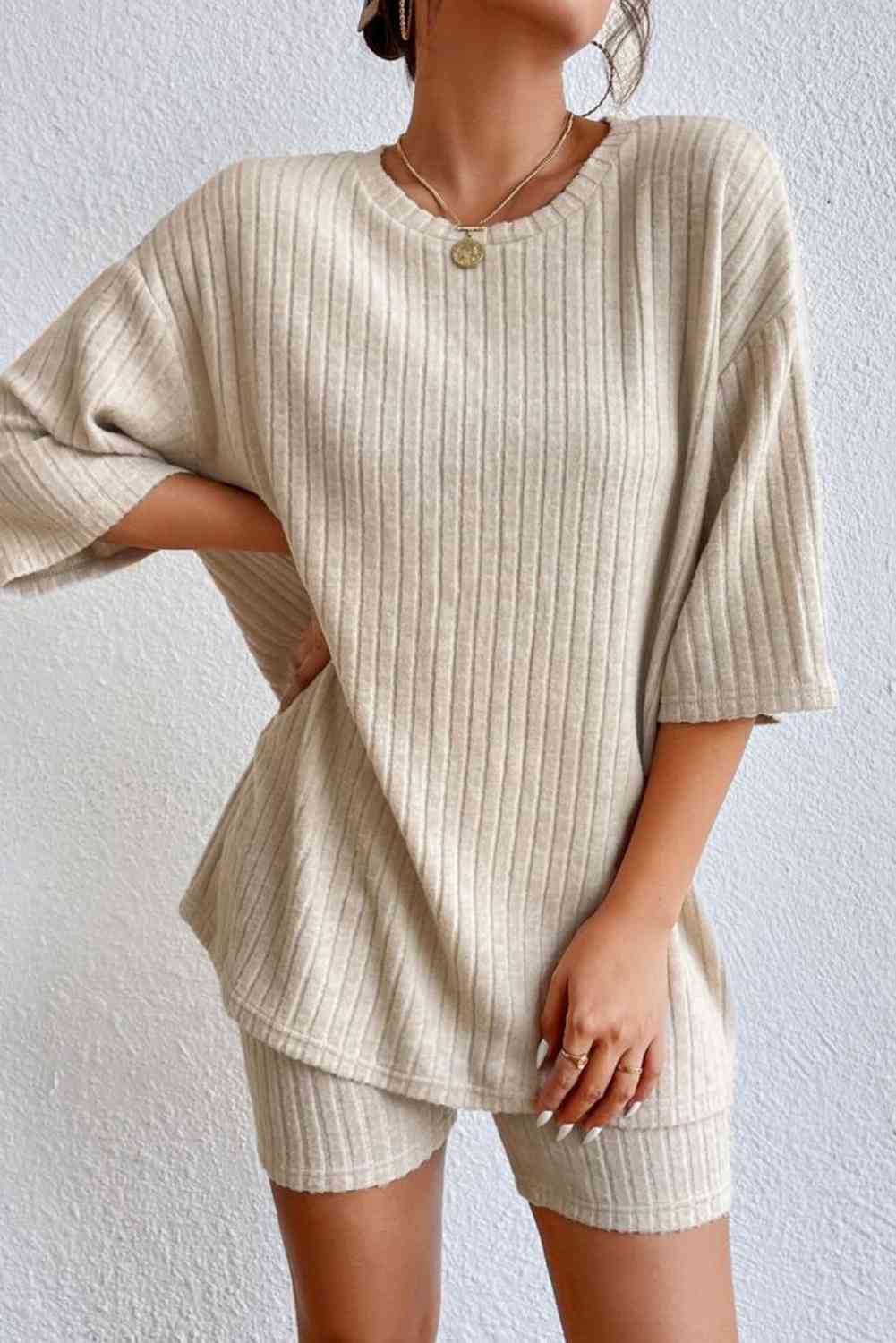 Round Neck Ribbed Top and Shorts Lounge Set  Shop One Place