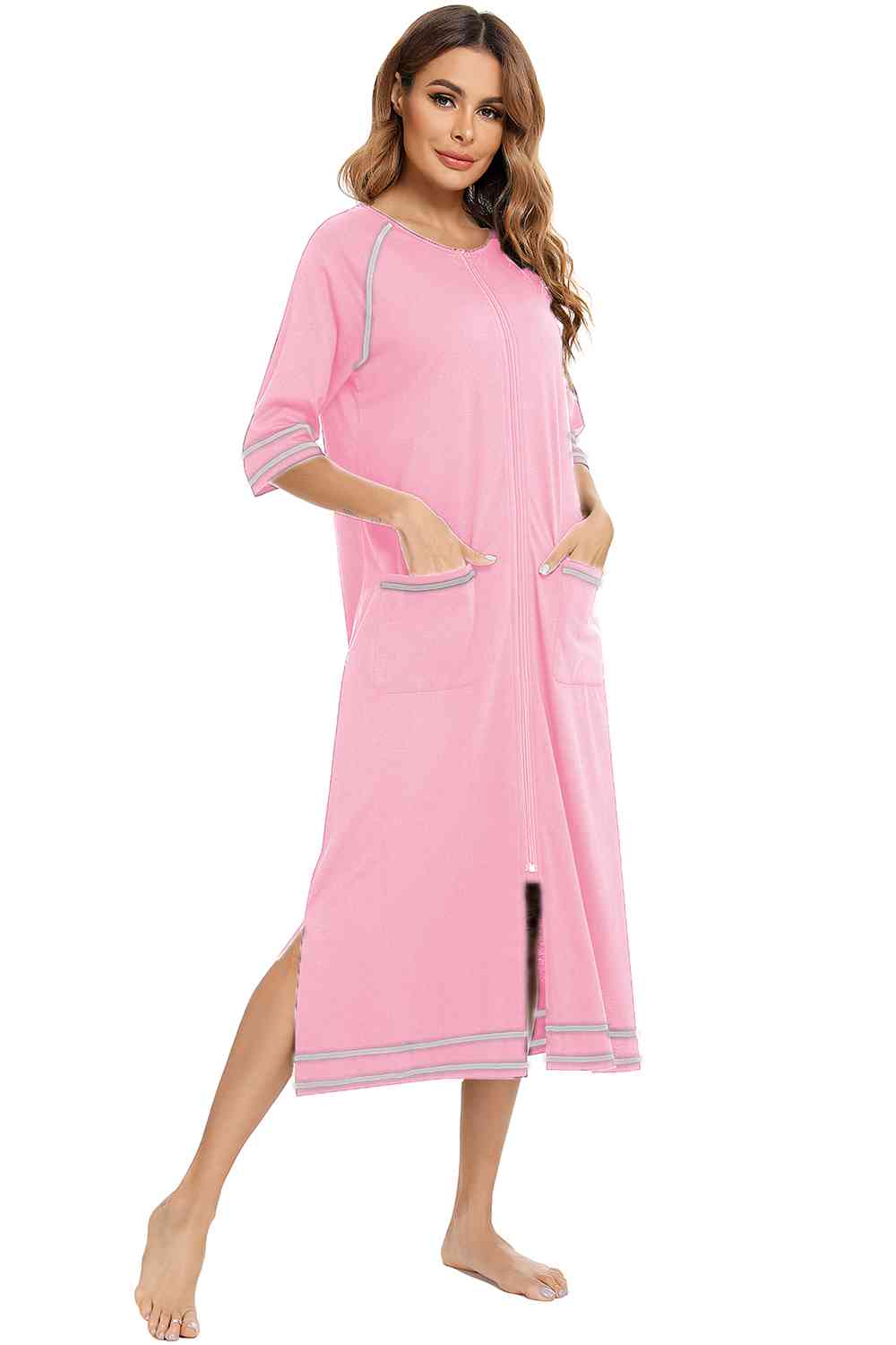 Zip Up Slit Round Neck Night Dress with Pockets  Shop One Place