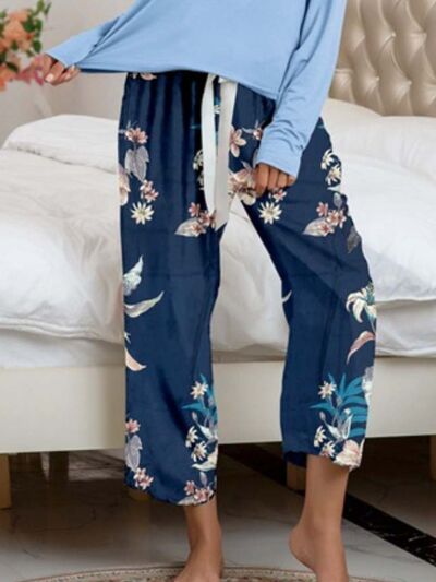 Round Neck Top and Printed Pants Lounge Set  Shop One Place