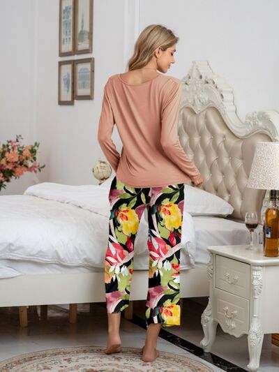 Round Neck Top and Printed Pants Lounge Set  Shop One Place