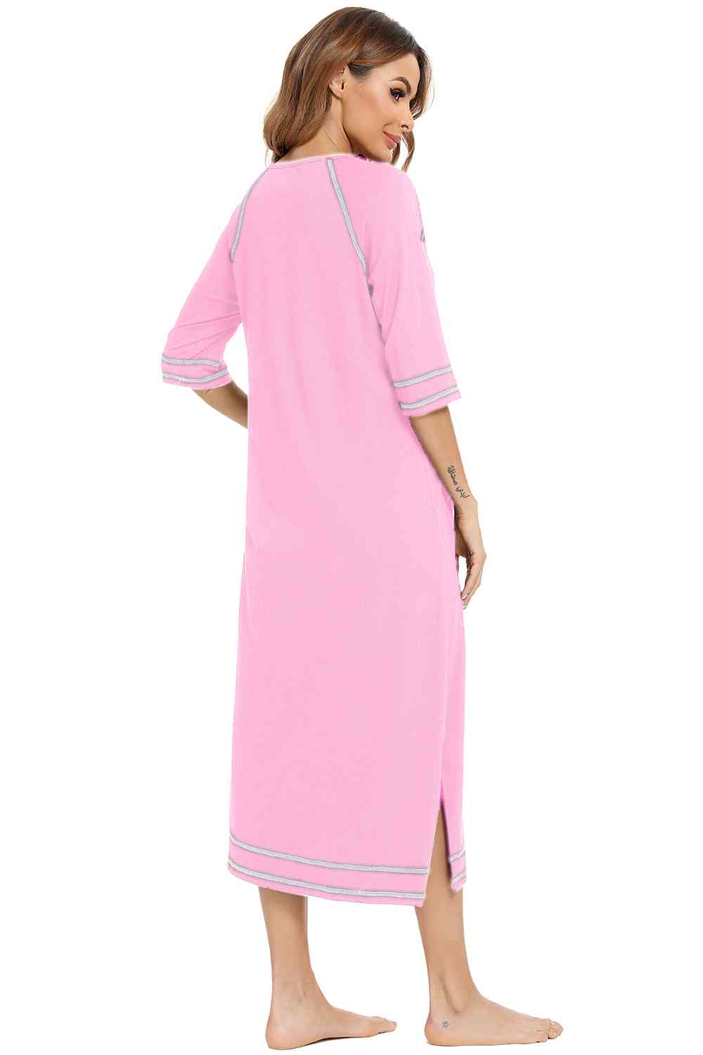 Zip Up Slit Round Neck Night Dress with Pockets  Shop One Place