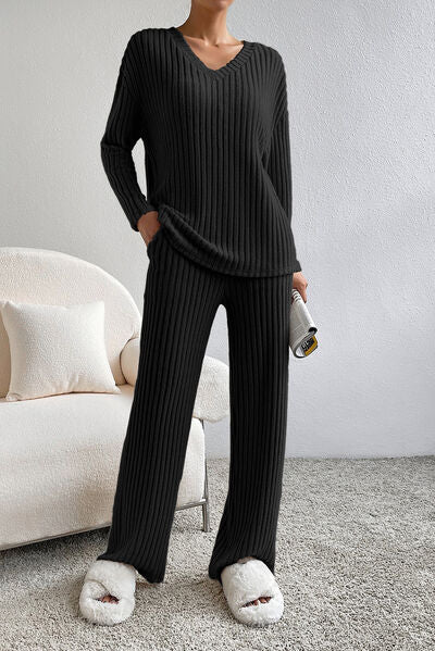 Ribbed V-Neck Top and Pants Lounge Set  Shop One Place