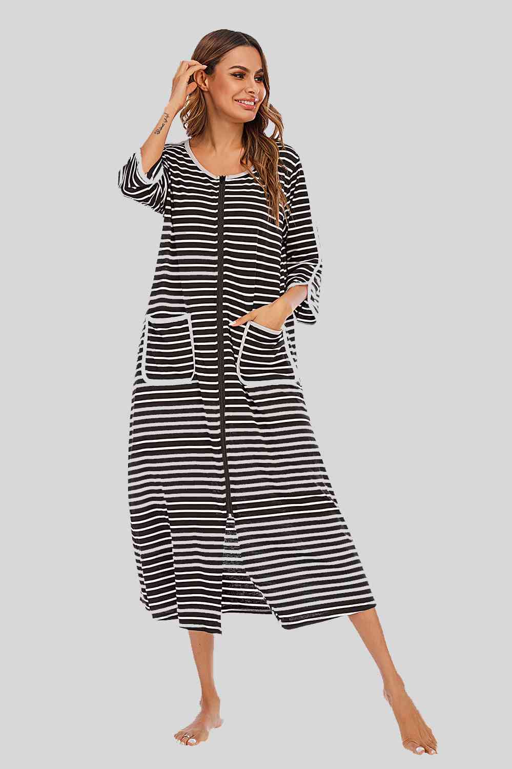 Round Neck Three-Quarter Sleeve Midi Night Dress  Shop One Place