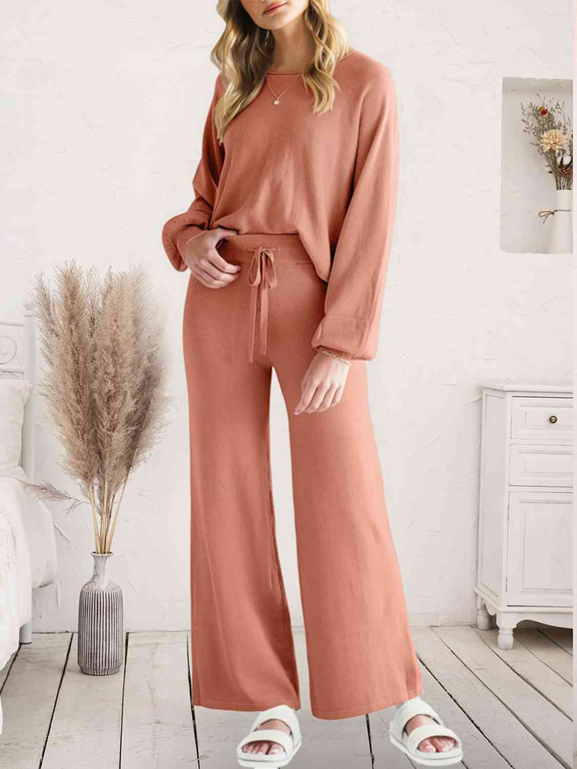 Long Sleeve Lounge Top and Drawstring Pants Set  Shop One Place