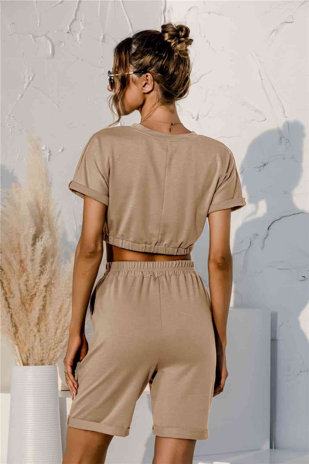 Short Sleeve Cropped Top and Drawstring Shorts Lounge Set  Shop One Place