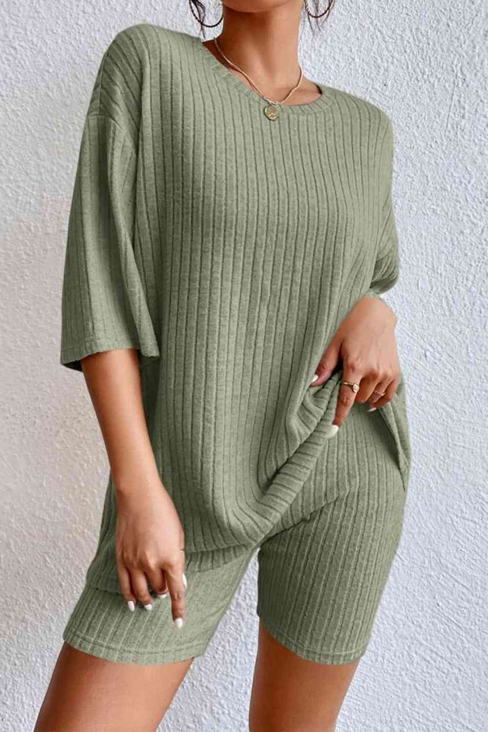 Round Neck Ribbed Top and Shorts Lounge Set  Shop One Place