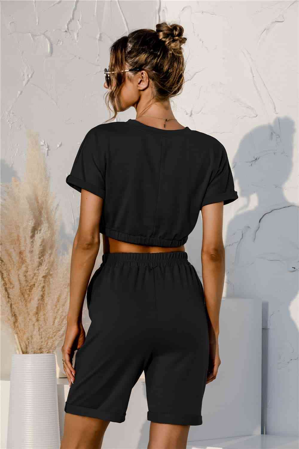 Short Sleeve Cropped Top and Drawstring Shorts Lounge Set  Shop One Place