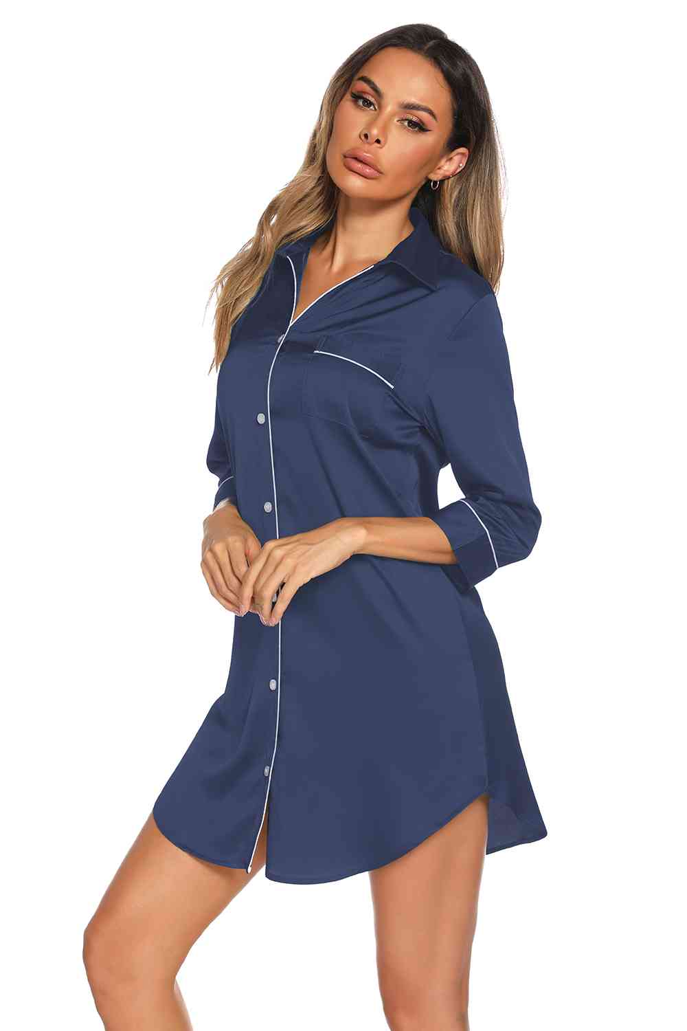 Button Up Collared Neck Night Dress with Pocket  Shop One Place
