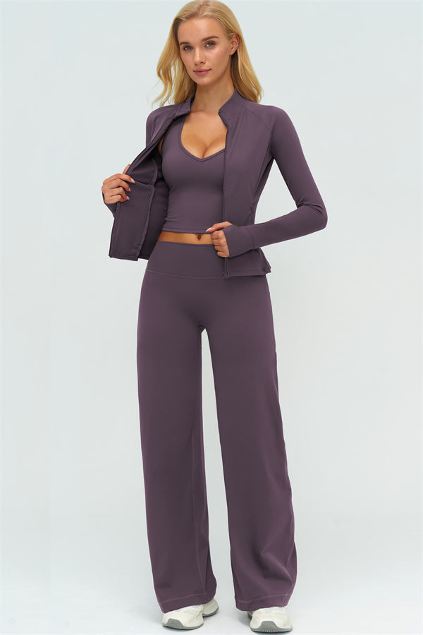 Conjunto Twirl de 3 piezas: chaqueta con cremallera, top halter y pantalones de pierna recta
