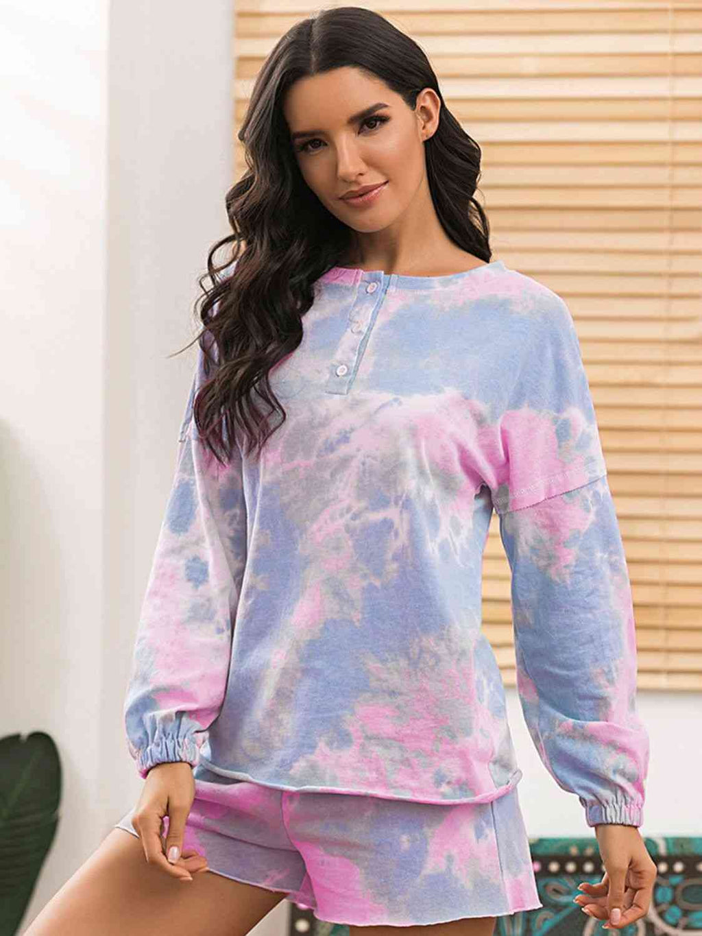 Tie-Dye Long Sleeve Top and Shorts Lounge Set  Shop One Place