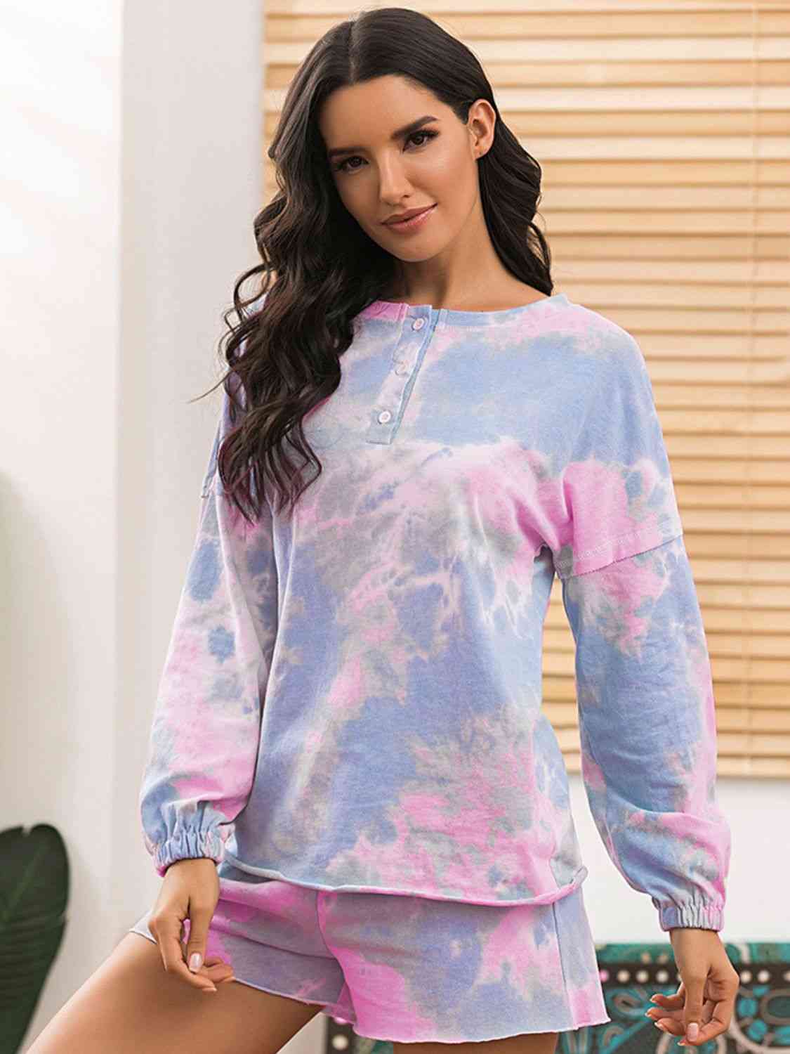Tie-Dye Long Sleeve Top and Shorts Lounge Set  Shop One Place
