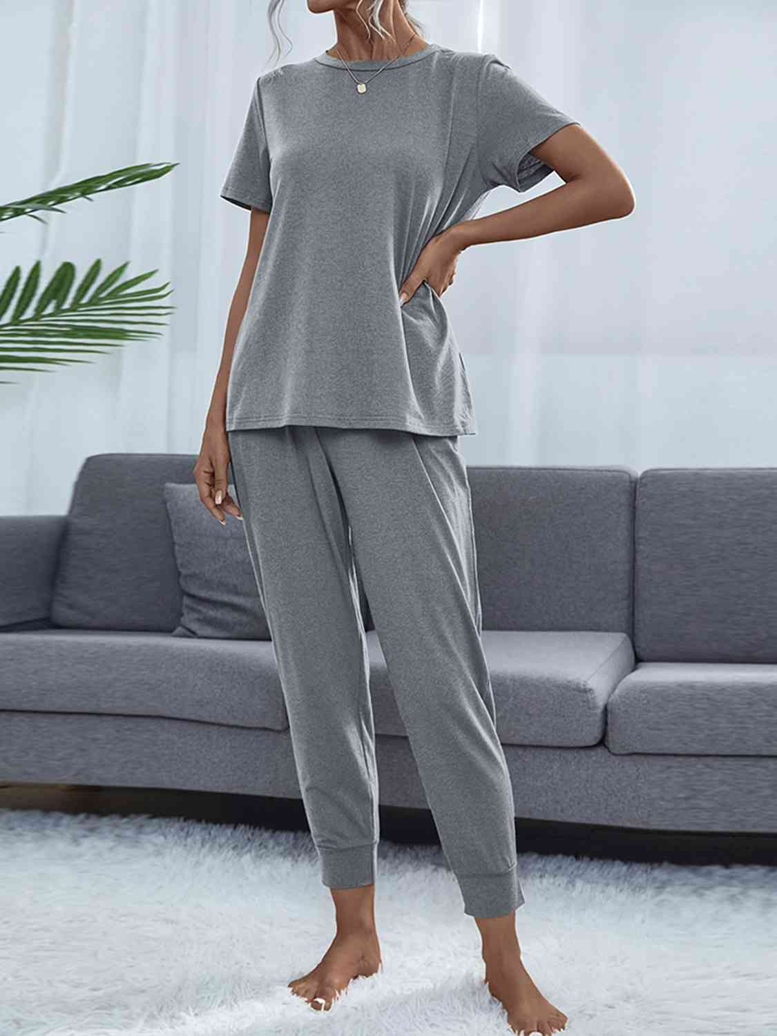 Round Neck Short Sleeve Top and Pants Set  Shop One Place