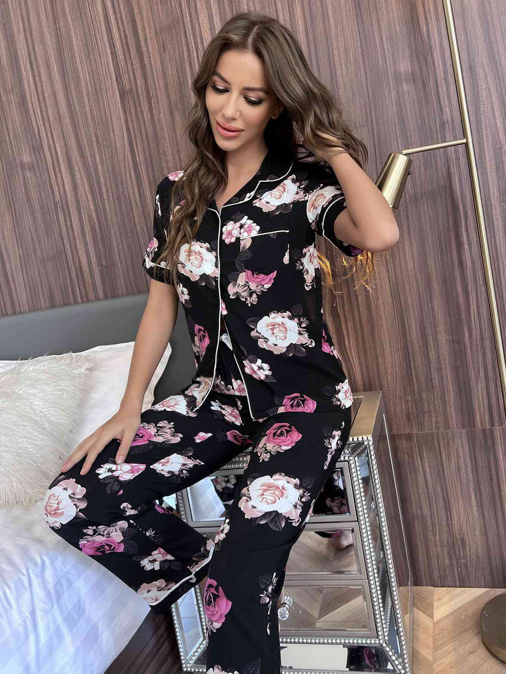 Floral Short Sleeve Shirt and Pants Lounge Set  Shop One Place