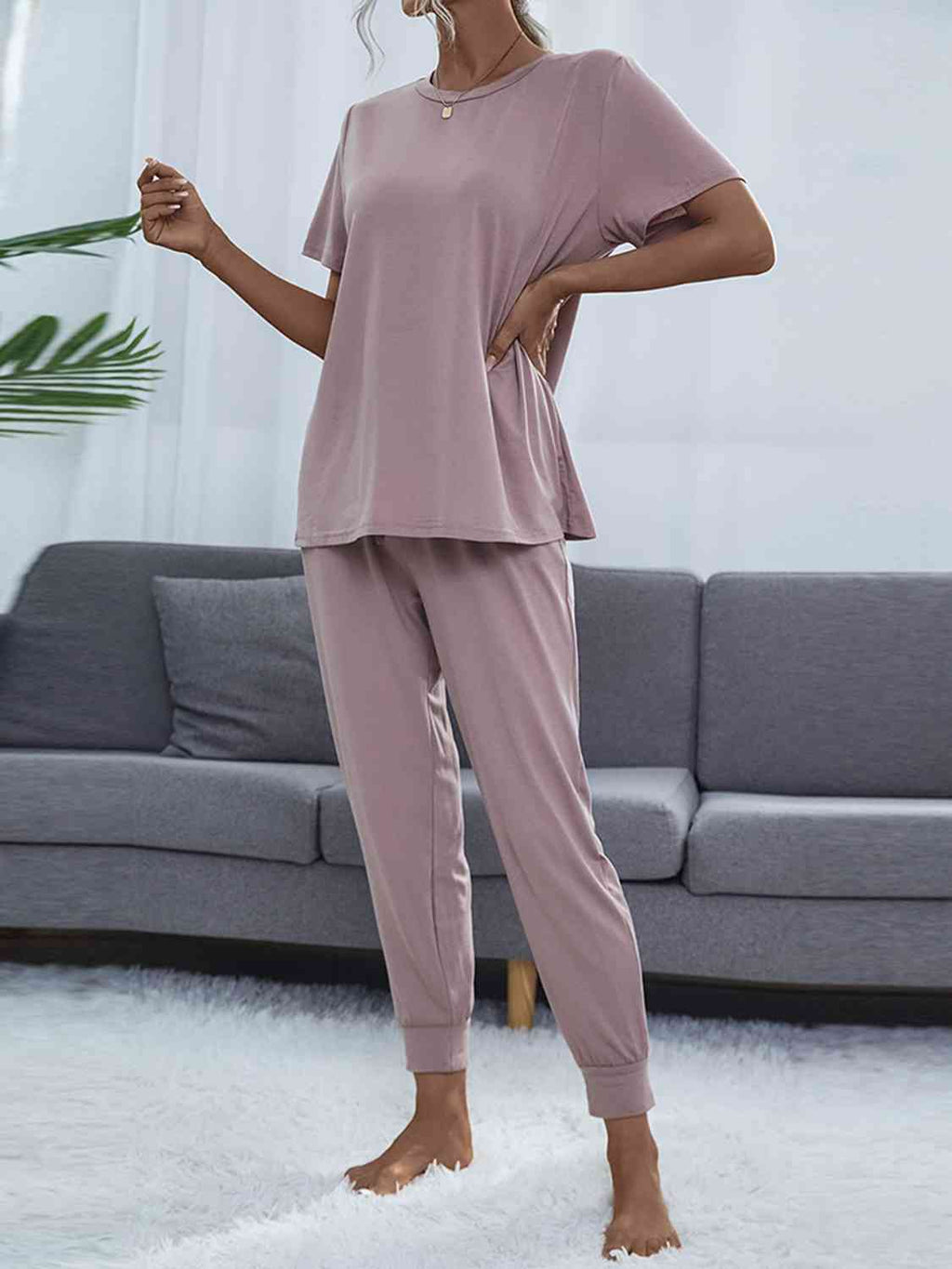 Round Neck Short Sleeve Top and Pants Set  Shop One Place