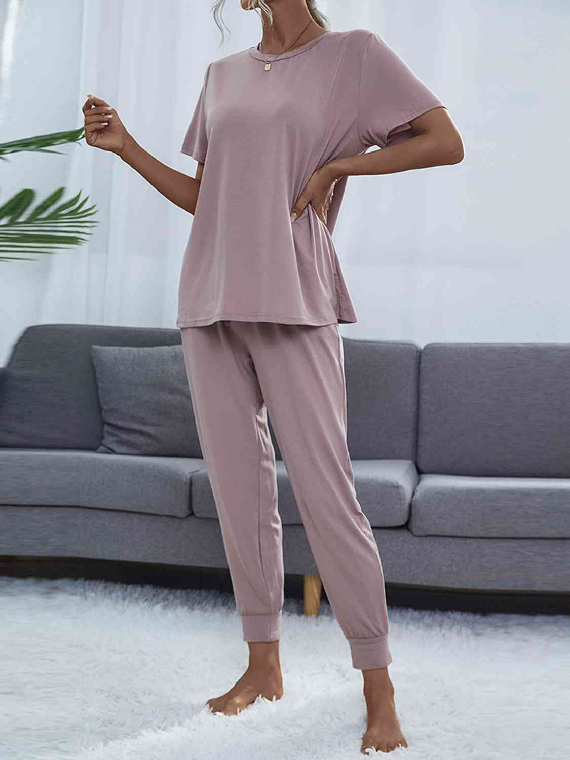 Round Neck Short Sleeve Top and Pants Set  Shop One Place