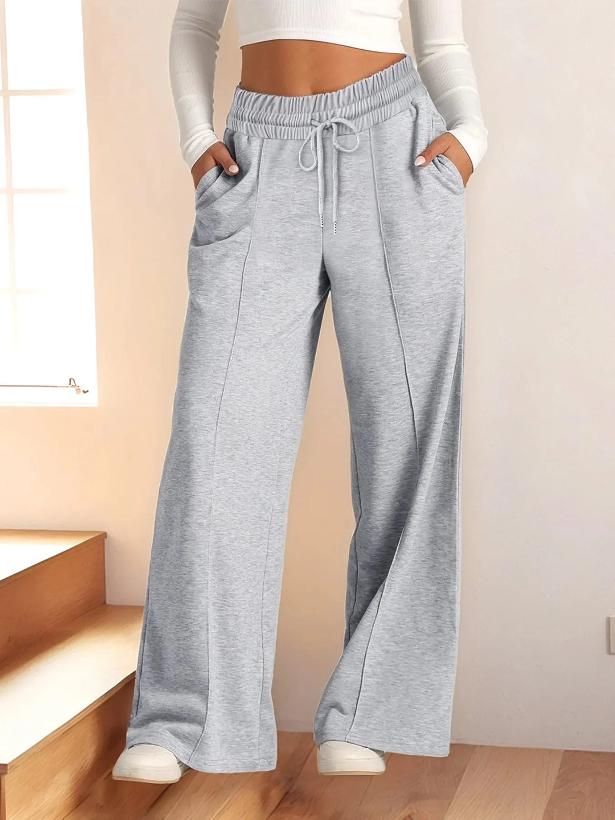 Pantalones de pierna ancha de talla grande, con cordón y ajuste relajado