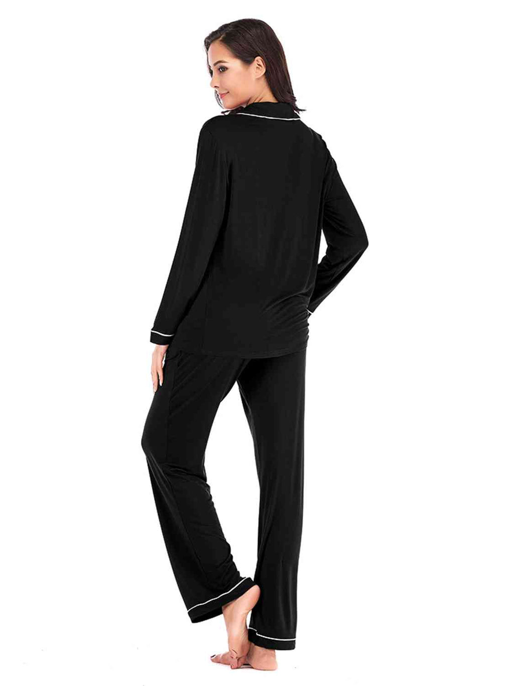 Collared Neck Long Sleeve Loungewear Set with Pockets  Shop One Place