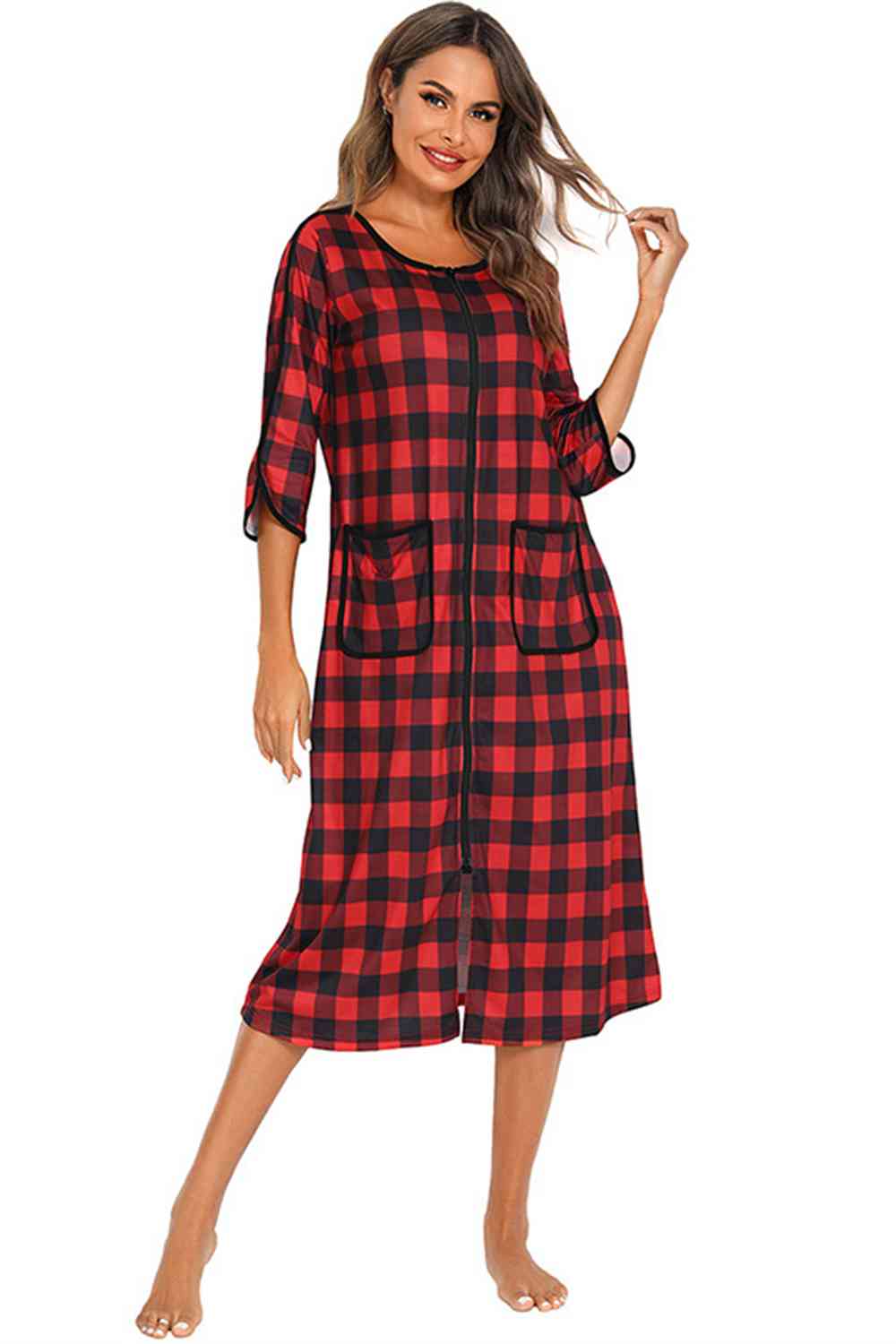 Round Neck Three-Quarter Sleeve Midi Night Dress  Shop One Place