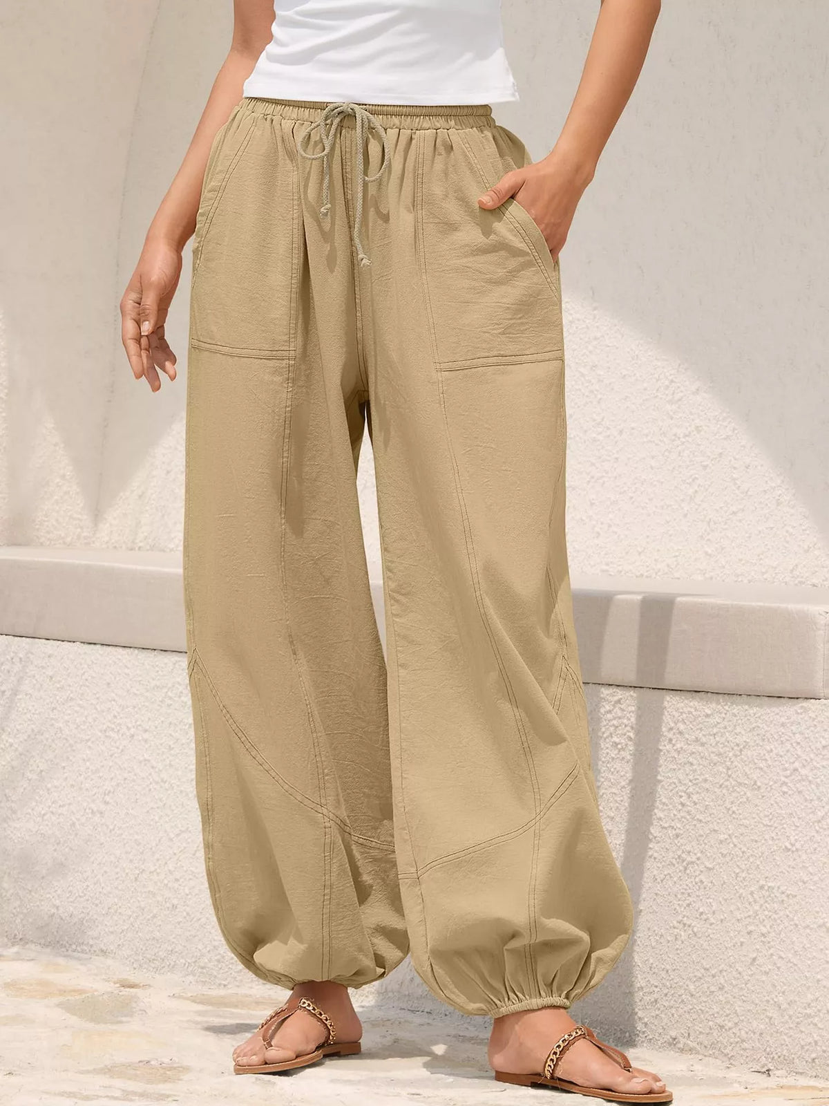 Pantalones jogger harén de ajuste holgado casuales con cordón para mujer