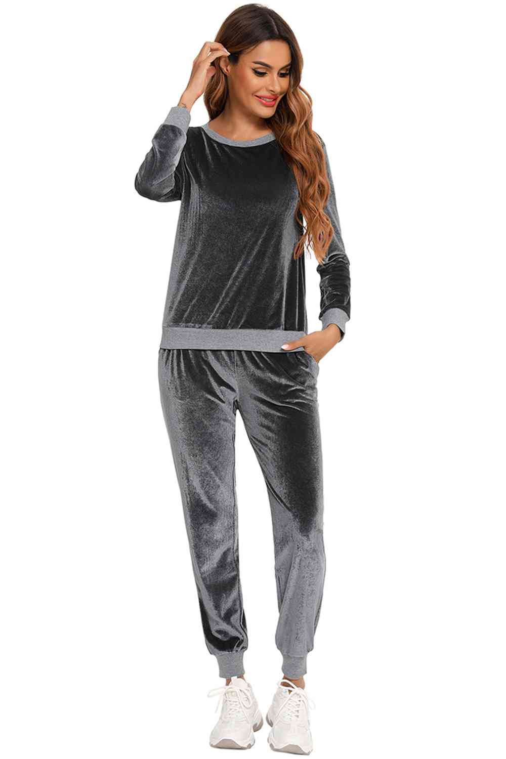 Round Neck Long Sleeve Loungewear Set with Pockets  Shop One Place