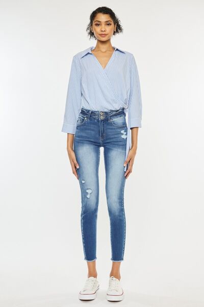 Jeans Kancan de cintura alta, desgastados y con dobladillo sin rematar